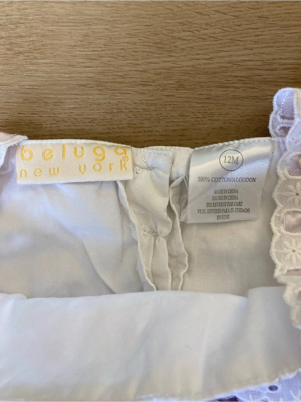 Vintage White and Lavender Gingham Baby Romper with Lace Trim 12m